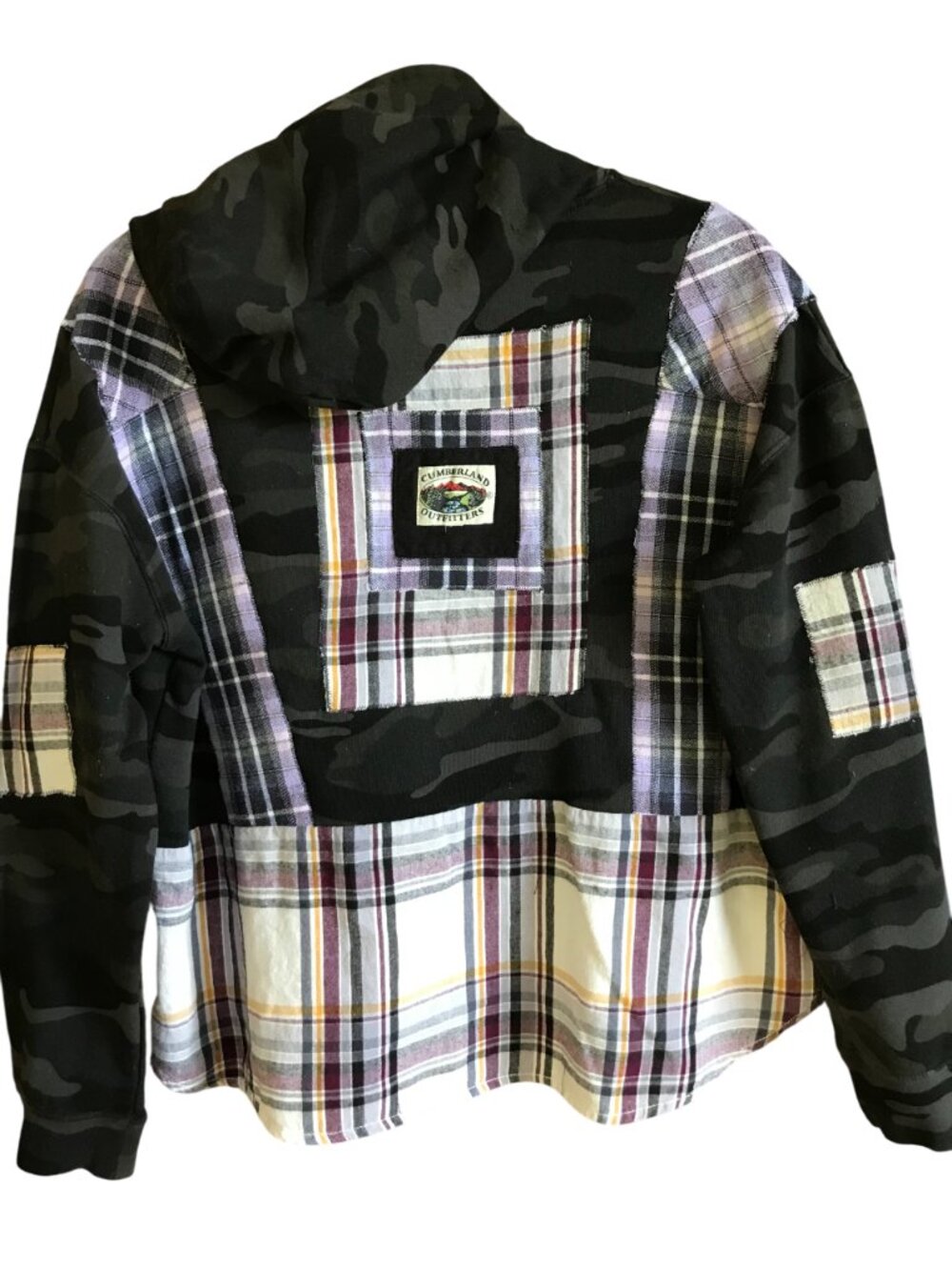 Patchwork Camo Hoodie Upcycled Hipster Grunge Violet Plaid Sweatshirt Size M - L